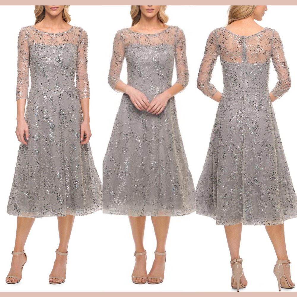 NWT $458 La Femme [ 10 ] 30002 Lace Beaded Short Midi A‎ Line Dress Silver S2106